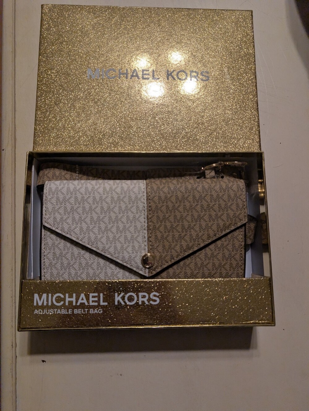 Michael Kors Two-Tone Logo Belt Bag in Beige and Brown